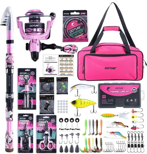 Miniatura 21 de Goture Combo de caña de pescar y carrete rosa - Carrete giratorio ML Action con bolsa rosa - Kit de caña telescópica para principiantes, viajes
