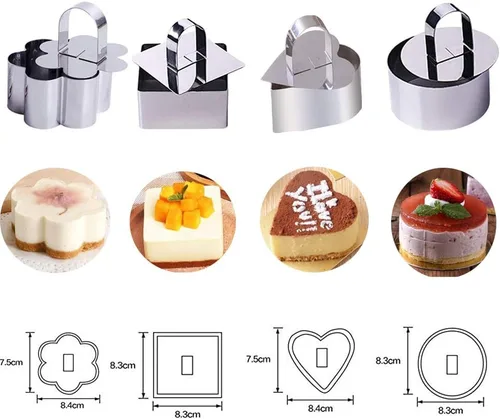 Moldes de acero inoxidable 3D para tartas con empujador elevador, juego de 4, utensilios para hornear, moldes para magdalenas, mousse, queso, 4