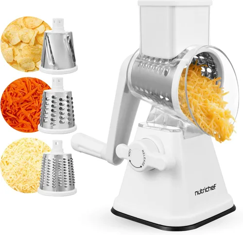Nutrichef Rallador y triturador de queso 3 en 1 | Base de succión fuerte, mango giratorio con bloqueo de seguridad | Incluye manivela y 3 cuchillas
