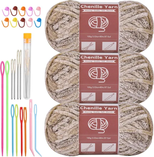 Miniatura 43 de LUNARM Hilado de chenilla para tejer y hacer ganchillo, 3 madejas de 240 metros de hilo grueso, suave y voluminoso, para tejer mantas, ropa y Beige