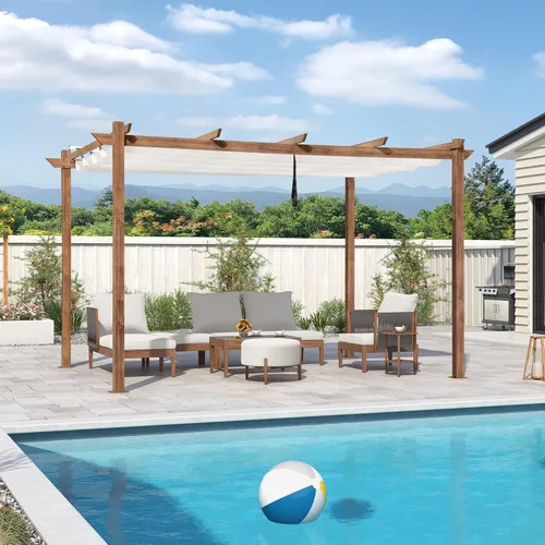 Miniatura 17 de PURPLE LEAF Pérgola retráctil para exteriores de 10 x 10 pies con toldo, refugio de metal para patio, jardín, pabellón, marco de grano de madera