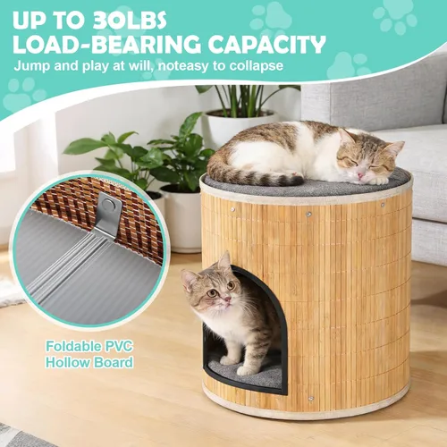 Miniatura 4 de Camas para gatos en casa, cueva de bambú tejida a mano, cubo para mascotas, casas grandes para gatos, 2 alfombrillas de cama, plegable, escondite