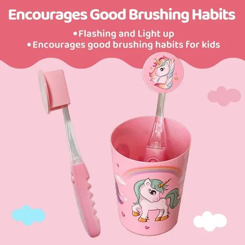 Miniatura 8 de Lily's Home Cepillo de dientes para niños con temporizador intermitente para niños con cerdas suaves, taza emergente y cubierta - Divertido cepillo