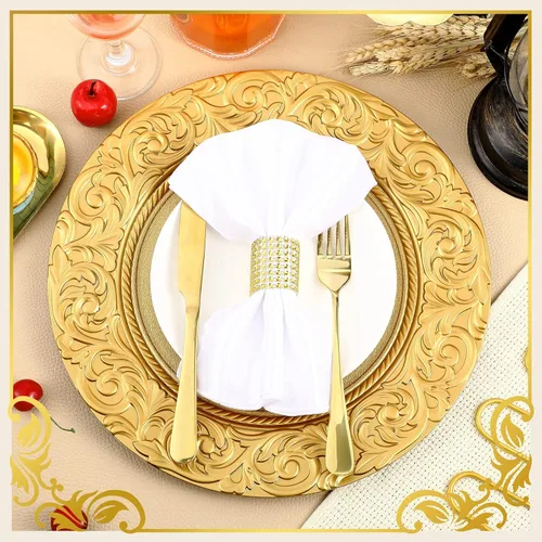 Miniatura 4 de Uiifan 24 Piezas Platos Base Antiguos a Granel 13'' Platos de Plástico en Relieve para Cena Platos Base Redondos Florales para Boda Cargadores Dorado