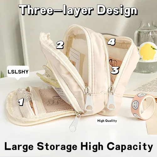 Miniatura 3 de LSLSHY Estuche grande de tres capas con cremallera para lápices, suministros de papelería para adolescentes, niñas, niños y estudiantes (beige)