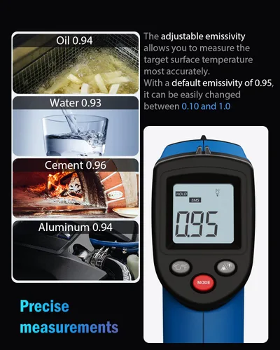 Miniatura 6 de Termómetro infrarrojo, pistola de temperatura digital para cocinar -58~752 ℉, con emisividad ajustable y medida de temperatura máxima, mínima