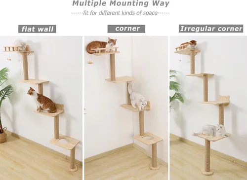 Miniatura 6 de Árbol para gatos montado en la pared con estantes de 4 niveles, torre de esquina de madera de 73 pulgadas con poste rascador interior para gatitos