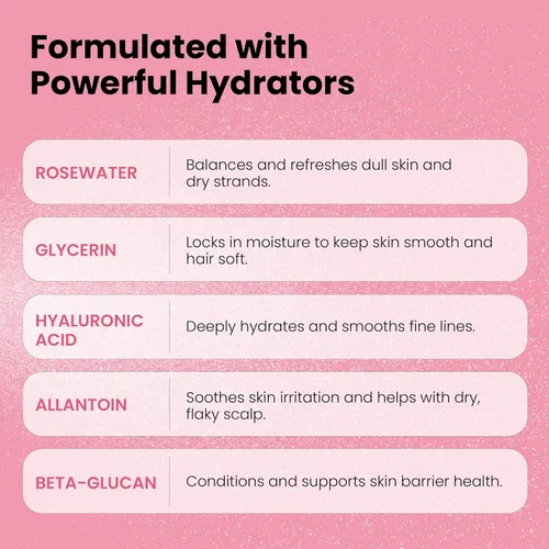 Miniatura 7 de Spray de agua de rosas y glicerina, hidratante y refrescante para rostro y cabello, tónico facial con ácido hialurónico para calmar, suavizar