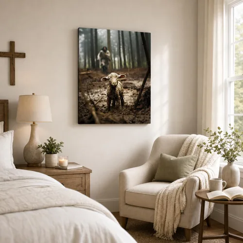 Miniatura 7 de Lienzo decorativo cristiano de Jesús con cordero, diseño religioso corriendo después del cordero perdido, envuelto en galería, listo para colgar