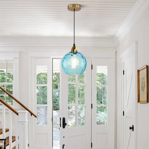 Miniatura 8 de BOKT Moderna Lámpara Colgante de Vidrio Azul Accesorio de Luz Latón Cepillado Dorado Globo Iluminación Colgante 1 Luz Bola Grande Redonda Lámpara