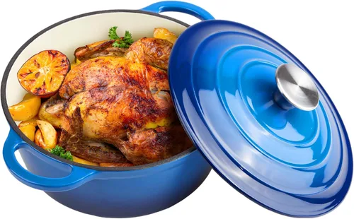 Horno holandés de hierro fundido esmaltado de 3 cuartos con tapa - Asas dobles grandes - Apto para horno hasta 500°F - Olla redonda clásica para Azul