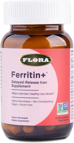 Flora Ferritin+ Suplemento de hierro de liberación retardada - Suplemento de hierro a base de plantas - Apoyo a células sanguíneas y energía -