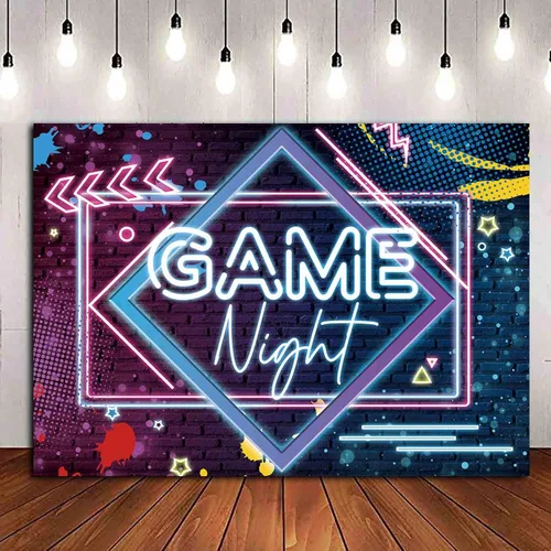 Miniatura 10 de Fondos de fotografía con temática de noche de juegos, fondo de fotos de neón brillante, 5 x 3 pies, para juegos en fiestas de cumpleaños, pijamadas