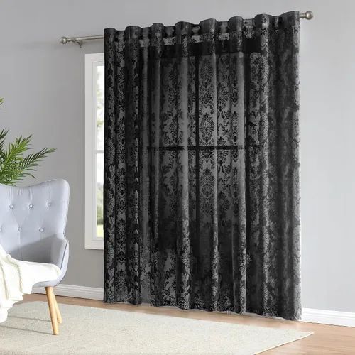 Miniatura 8 de ASATEX Par de 2 paneles de cortina de encaje negro de tamaño mediano de 54 pulgadas de ancho x 84 pulgadas de largo, con hermoso bordado de flores.