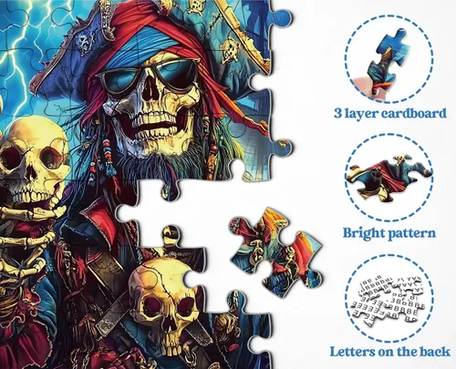 Miniatura 4 de Rompecabezas de esqueleto pirata para adultos, 1000 piezas, capitán pirata de terror con cráneo loro, escena de tormenta oceánica, rompecabezas