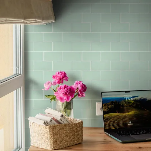 Miniatura 2 de Azulejos de cristal para despegar y pegar, loseta en muro de vidrio verde para pared de cocina y baño (5 hojas, 5 pies cuadrados)