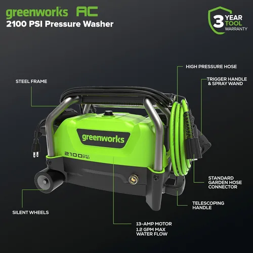 Miniatura 3 de Greenworks 2100 PSI (certificado SGS) 1.2 GPM 13Amp Lavadora eléctrica compacta a presión con mango telescópico para autos, calzadas, patios