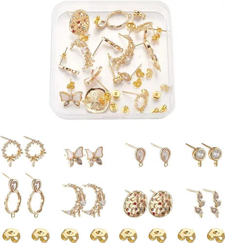 Pandahall - Juego de 16 aretes de latón con circonita cúbica con 20 tuercas de oreja chapados en oro de 18 quilates con lazo para hacer joyas