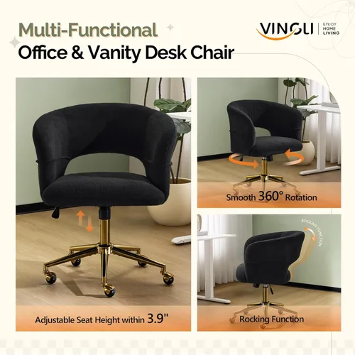 Miniatura 6 de VINGLI Silla Moderna Curvada de Oficina y Tocador, Linda Silla Tapizada con Tachuelas con Ruedas y Giro de 360° y Estilo Club e Inclinación y Base