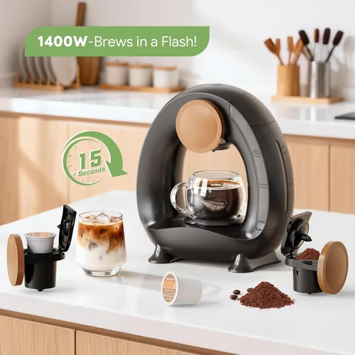 Miniatura 3 de Cafetera de una sola porción 2 en 1, cafetera rápida de 1400 W para cápsulas K-Cup y café molido, cafetera americana y de té de un solo toque con 2