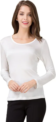 Miniatura 2 de CLC - Camiseta de seda de morera para mujer, manga larga, cuello redondo, tejido de punto