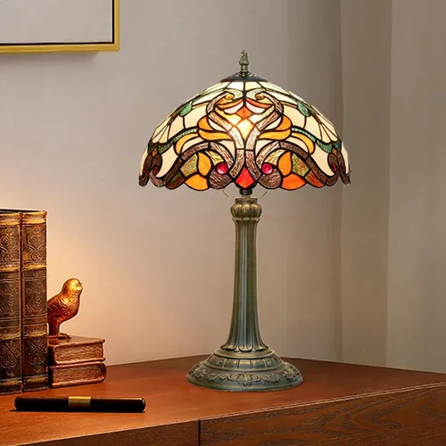 Miniatura 6 de Lámpara de mesa con base de hoja de metal de cristal de color azul de conchas estilo Tiffany, lámpara de mesa retro para dormitorio, sala de estar