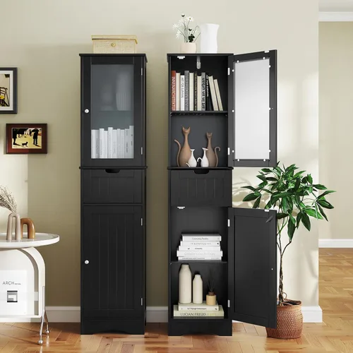 Miniatura 4 de Tangkula Armario de almacenamiento de baño de 67 pulgadas de alto, torre independiente delgada con 2 puertas y 1 cajón, gabinete de piso estrecho