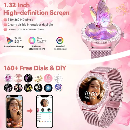 Miniatura 6 de Reloj inteligente para mujer – Hacer/responder llamadas, reloj de fitness impermeable IP67 de 1.32 pulgadas con monitor de sueño de frecuencia