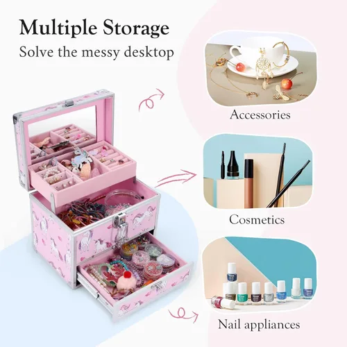 Miniatura 3 de Hododou Joyero para niñas diseño de unicornio rosa organizador con cajón y espejo estuche de almacenamiento con cerradura estilo unicornio
