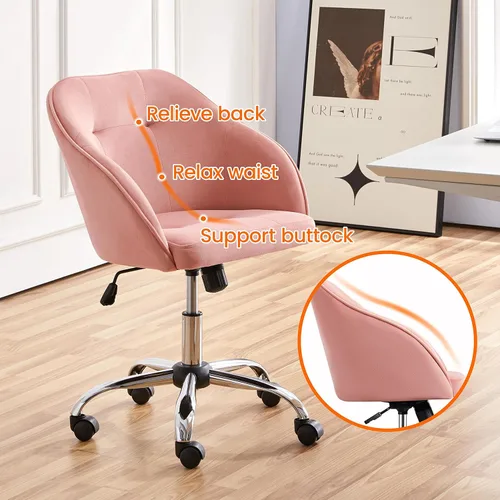 Miniatura 5 de Yaheetech Silla de Oficina Rosa Pequeña y Linda con Ruedas Traseras, Silla de Tocador de Terciopelo Giratoria y con Ruedas, Silla de Escritorio