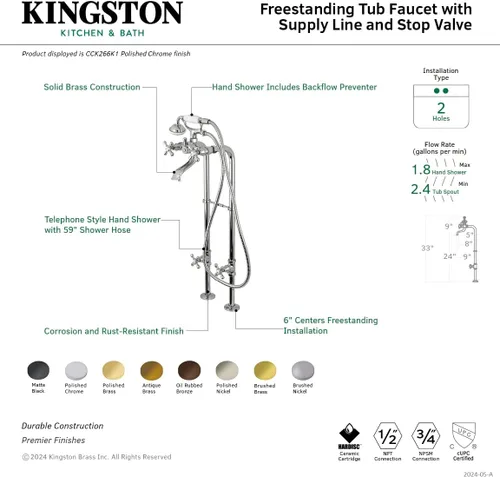 Miniatura 3 de Kingston Brass CCK266K7 Paquete de grifo de bañera independiente, latón cepillado, 32-5/8 pulgadas de longitud