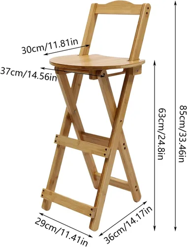 Miniatura 2 de Taburete de bar plegable de bambú con respaldo y reposapiés, sillas de bar portátiles para el hogar, isla de cocina, desayuno, sin montaje