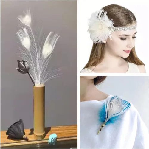 Miniatura 6 de Shekyeon Paquete de 10 centros de mesa de boda de plumas de pavo real blanqueadas de 10 a 12 pulgadas (blanco hueso)