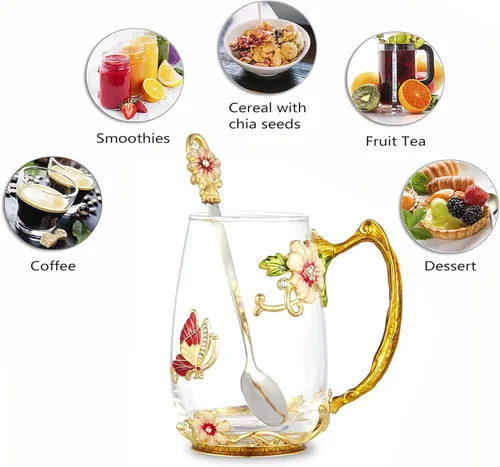 Miniatura 5 de Taza de té con flores, taza de café de vidrio transparente elegante con cuchara, caja de regalo para ella, mamá, esposa, abuela, niñas, amigas, idea