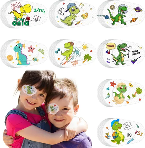 Miniatura 4 de Timgle 40 parches para ojos para niños, lindos dinosaurios, bloqueo de luz, divertidos vendajes adhesivos para ambliopía, ojo cruzado perezoso