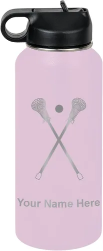 Miniatura 26 de LaserGram Botella de agua personalizada, palitos de lacrosse, acero inoxidable de doble pared aislada al vacío con popote superior, regalo grabado