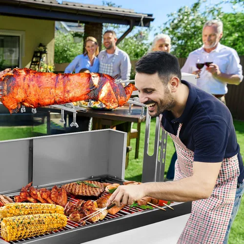 Miniatura 8 de Asador de acero inoxidable, asador de cordero de cerdo pequeño con motor de 25 W, parrilla asadora de carbón de 37 pulgadas para acampar al aire