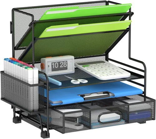 Miniatura 7 de MINDEPOT Organizador de papel de 4 niveles + soporte para archivos de 3 bolsillos + cajón + soportes para bolígrafos, organizador de archivos