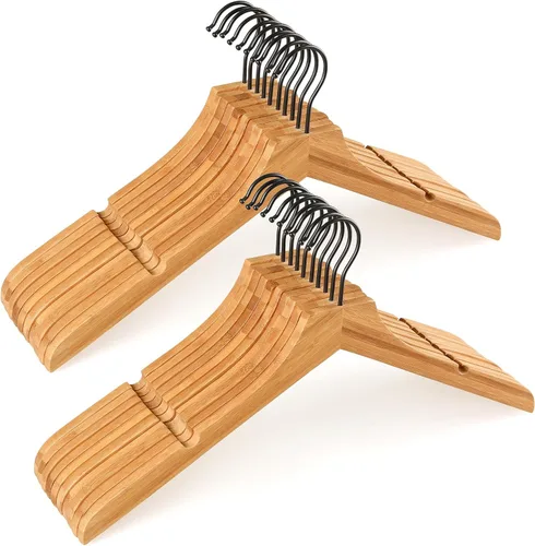 Miniatura 13 de TOPIA HANGER Perchas de madera de bambú, perchas con gancho negro giratorio y nothces de corte liso, juego de 12 perchas de madera duraderas