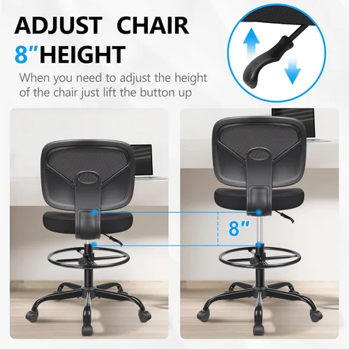 Miniatura 7 de Primy Silla Alta de Escritorio de Dibujo - Sin Brazos, Altura Ajustable, Respaldo de Malla, con Ruedas, Silla de Escritorio de Pie para Sala de Negro