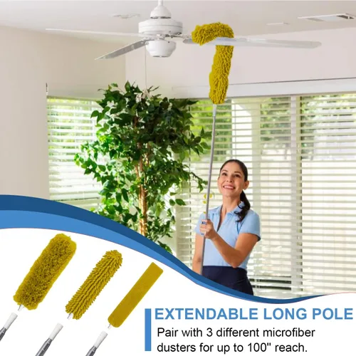 Miniatura 3 de Plumeros mejorados para limpieza (6 unidades), plumero de ventilador de techo con poste de extensión grueso de 100 pulgadas, plumero largo Amarillo