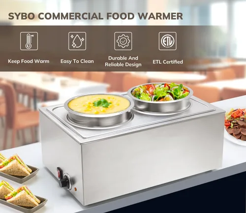 Miniatura 2 de SYBO Mesa de vapor de acero inoxidable de grado comercial Bain Marie Buffet Calentador de alimentos para catering y restaurantes (2 ollas redondas)