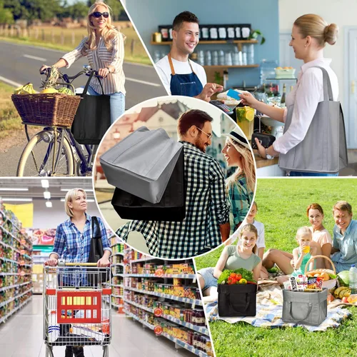 Miniatura 7 de JERIA Paquete de 24 bolsas de comestibles reutilizables, bolsas de compras grandes y plegables lavables, bolsas de mano resistentes con asas Negro