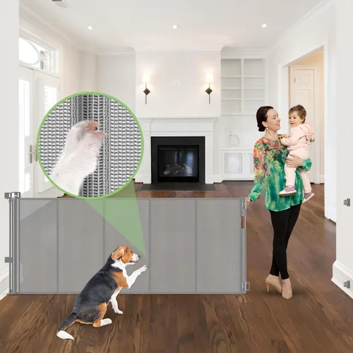 Miniatura 14 de Puerta retráctil reforzada de 96 pulgadas de ancho con varillas de apoyo, puerta retráctil extra larga para perros, puertas exteriores para Negro