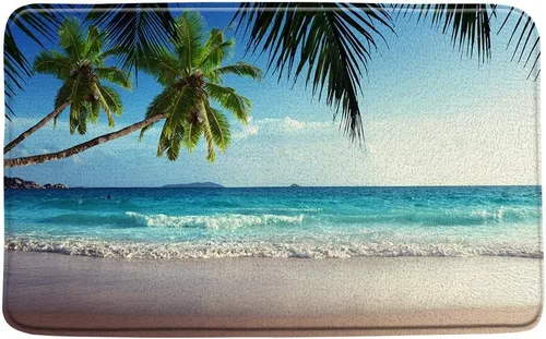 Tapete de baño con vista a la playa, diseño hawaiano de palmeras tropicales, hojas verdes, olas de mar, escenas de naturaleza, viajes, microfibra de