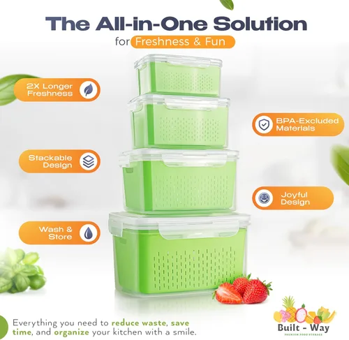 Miniatura 6 de Contenedores de almacenamiento de frutas para nevera, juego de 4, tapa hermética que se mantiene fresca, para almacenamiento de frutas y verduras