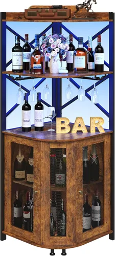 Miniatura 9 de JKsmart - Gabinete de esquina para barra con luces LED, gabinete de barra de vino industrial de 5 niveles con soporte para vasos, gabinetes de licor