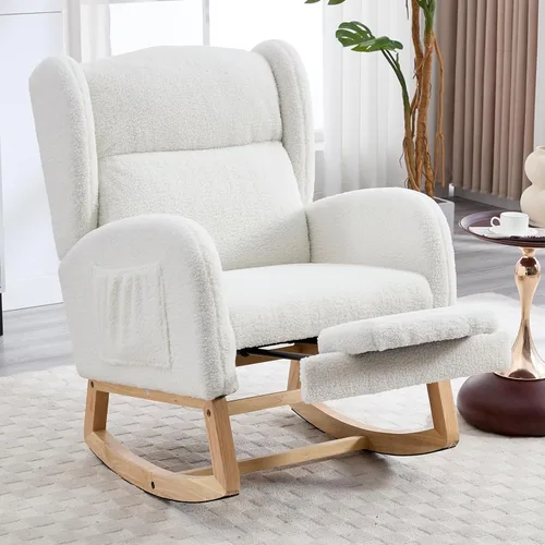 Miniatura 13 de NIOIIKIT Nursery Rocking Chair with Footrest, Teddy Upholstered Glider Chair, Nursery Gliding Recliner with Side Pocket, Glider Rocker for Living