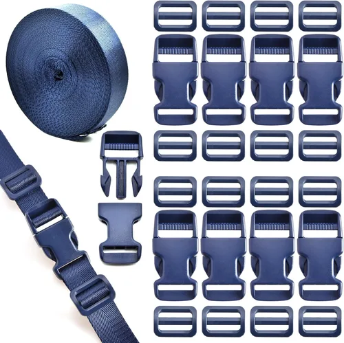 Juego de correas de hebillas de 1 pulgada con correa de nailon de 10 yardas, 10 hebillas de plástico de liberación lateral rápida, 20 clips Azul