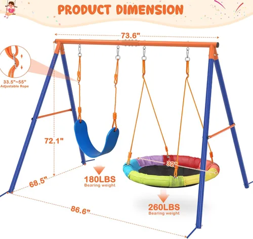 Miniatura 3 de Amictoy Juego de columpios para patio trasero con soporte, juego de metal resistente con marco en A de 440 libras con columpio de platillo de 32